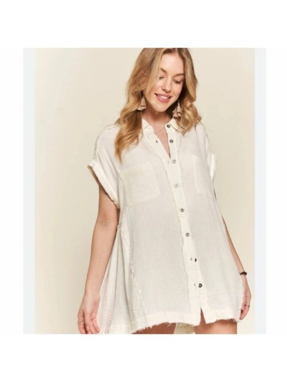 Gilli Cream Cotton Gauze Button Front Sleeveless Shirt Dress Medium